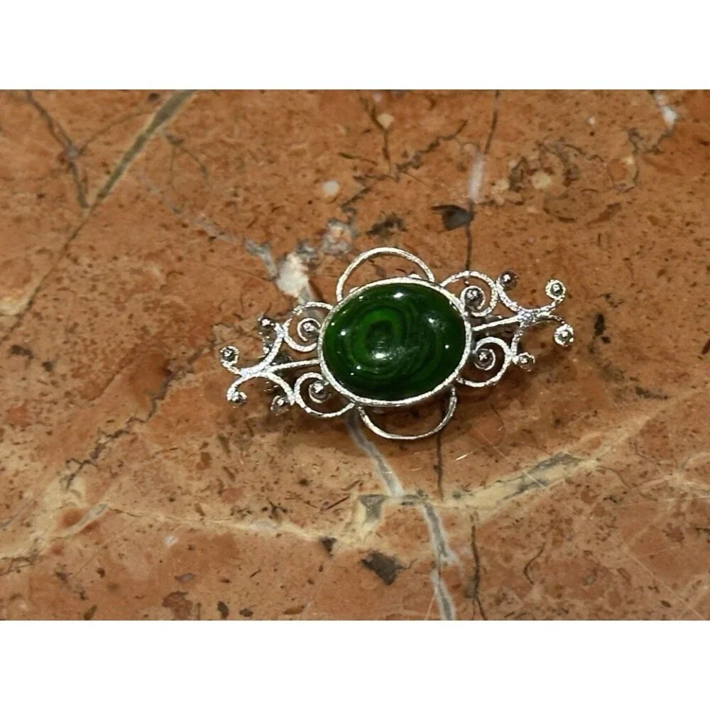 NF STERLING SILVER 925 FILIGREE GREEN ABLAONE SHELL 1.25" BAR PIN BROOCH EUC - Picture 3 of 10